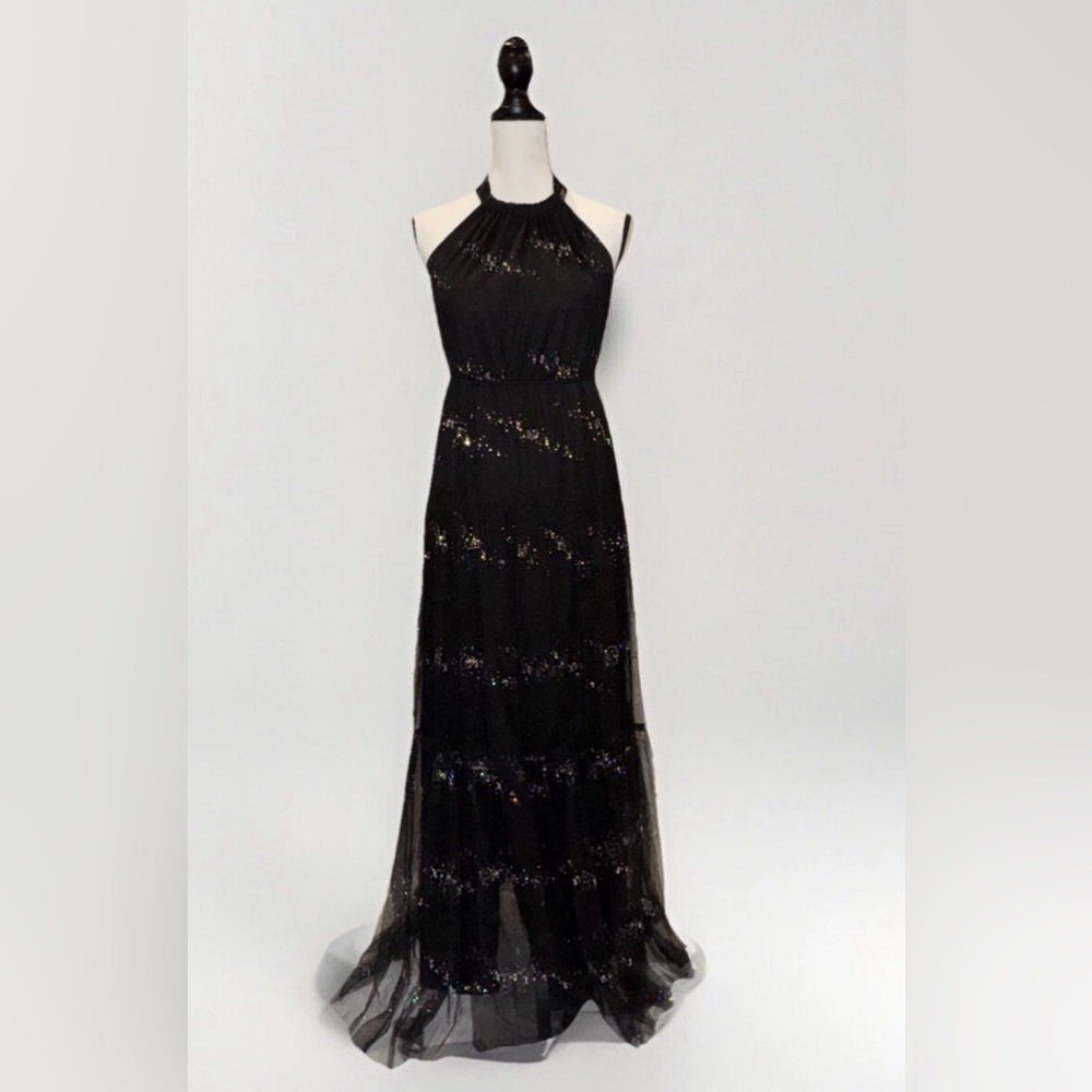 Haute Hippie  Black Halter Open Back & Holographic Glitter Splash Tulle Gown SM